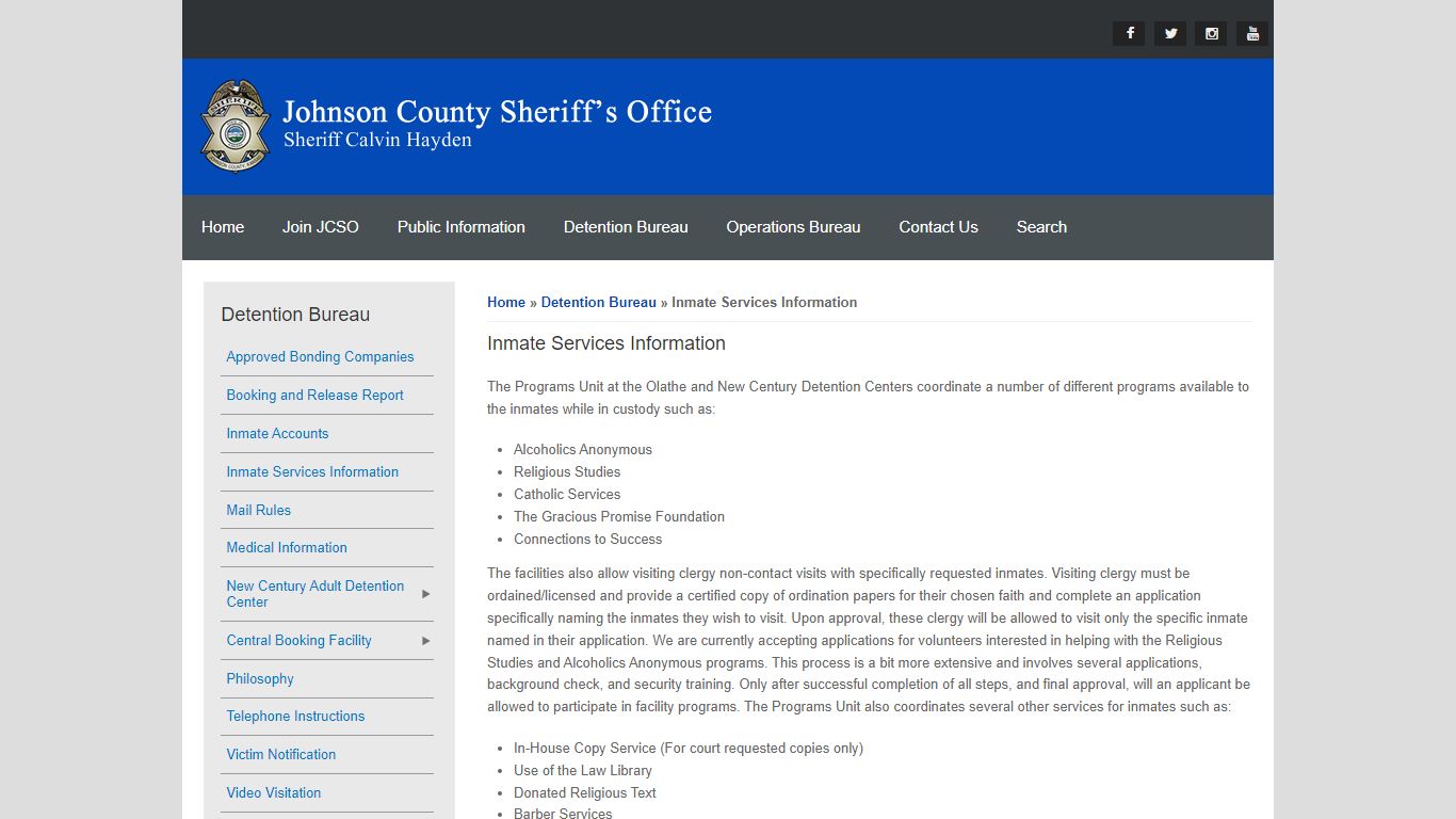 Inmate Services Information | Johnson County Sheriff